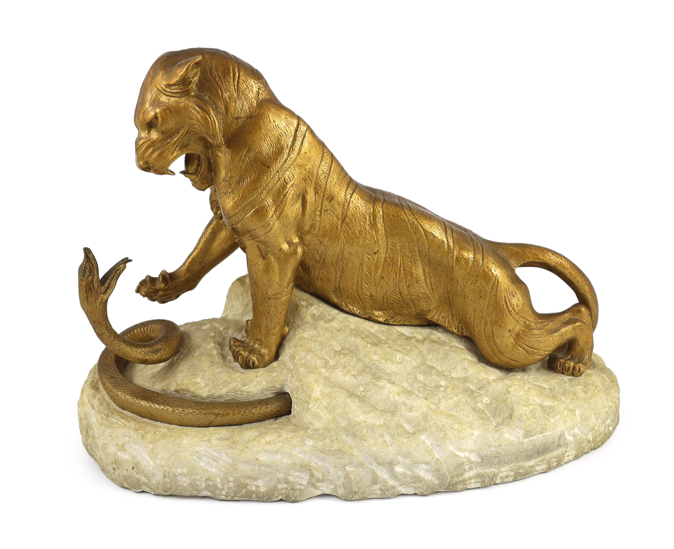 Robert Bousquet (French 1894-1817). An Art Deco bronze and marble group of a tiger fighting a serpent, 44cm wide, 20cm deep, 33cm high